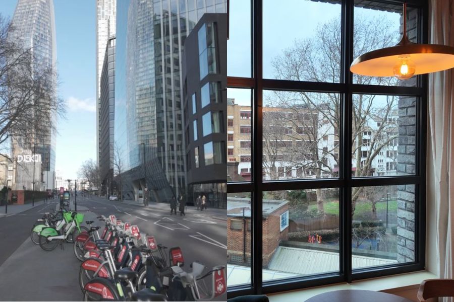 This is an image of a quiet street in London with bikes in the middle and tall buildings. To the right is also a view of buildings and trees from the window.