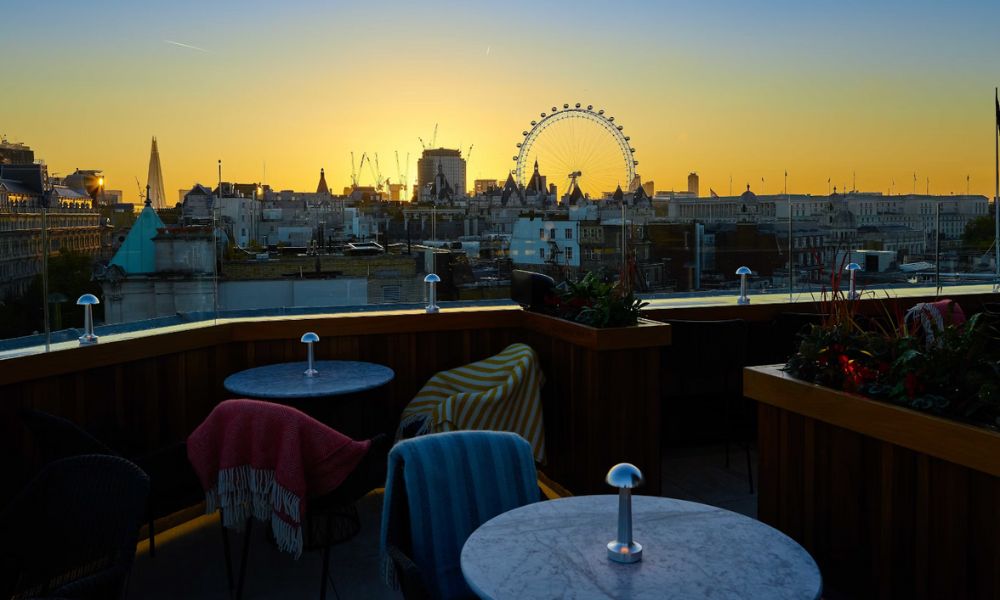This is an image of a rooftop that overlooks Trafalgar Square, the London Eye and the rest of the London skyline.