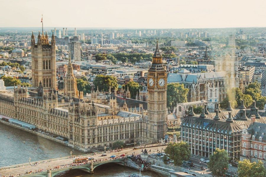 Aerial view of the Houses of Parliament, Big Ben and Westminster Bridge over the River Thames on a sunny day