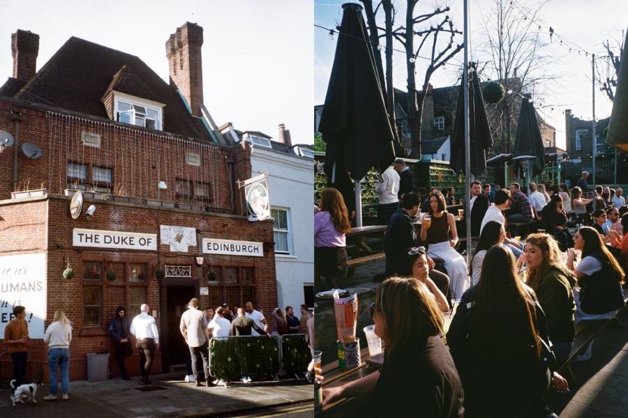 A split image showing the exterior of The Duke of Edinburgh pub in Brixton on the left, and a packed outdoor beer garden full of people drinking in the sun on the right