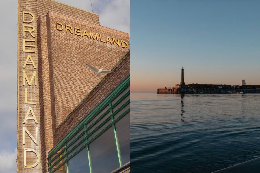 A split image showing the art deco Dreamland sign on a brick building on the left, and Margate's seafront lighthouse reflected in calm water at sunset on the right
