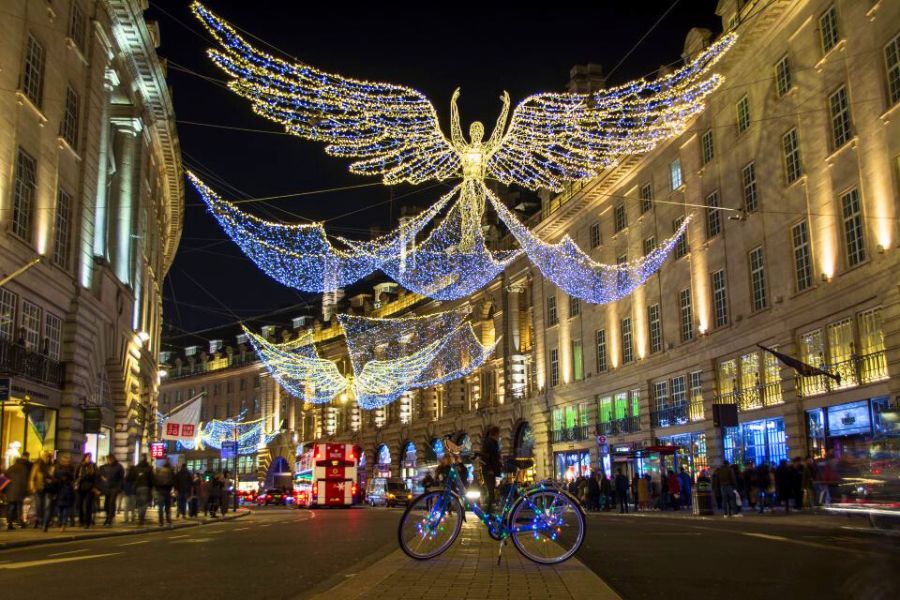 A bike looing all festive along with the Christmas lights on Regents Street in London.