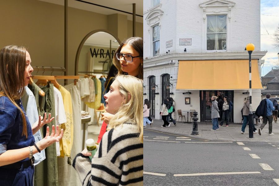 Split image showing two women browsing clothing rails inside the Wrap London boutique on the left, and a street scene on Golborne Road with a queue outside a café on the right.