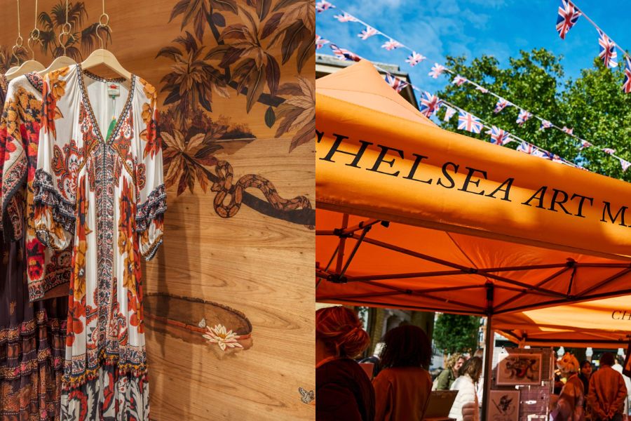 Split image showing colourful patterned kaftans hanging in a boutique with a tropical wood-panel mural on the left, and an orange Chelsea Art Market gazebo decorated with Union Jack bunting on the right.