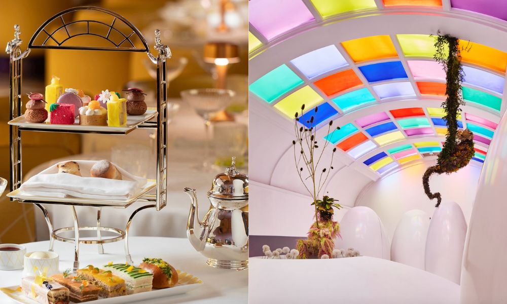This is an image of a tiered afternoon tea stand with cakes and sandwiches. To the right is also a picture of the egg toilets with the coloured sky lights.