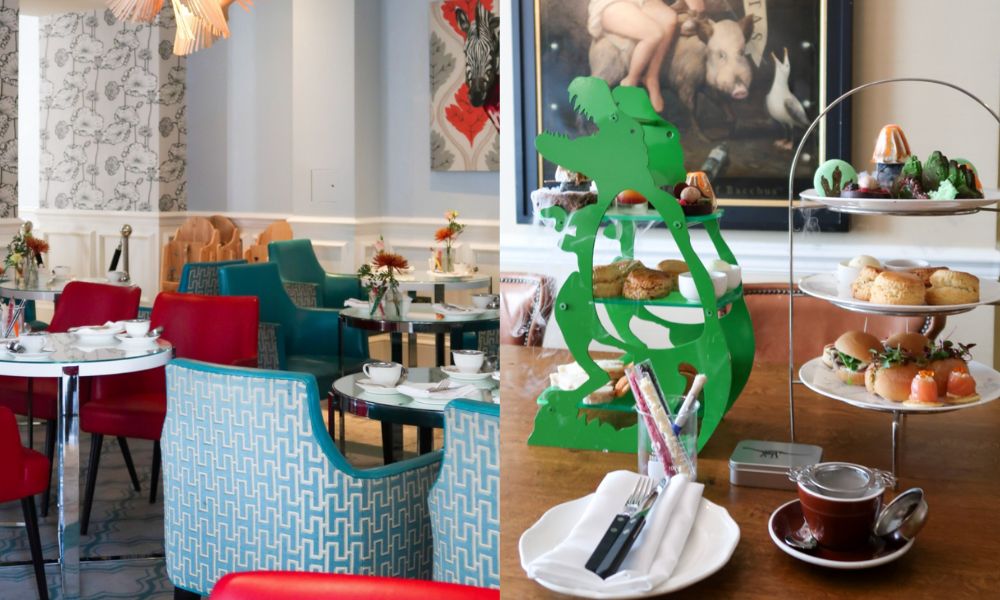 Unique afternoon teas in London: This is an image of a chic room in the hotel with multiple tables and chairs set up for a science afternoon tea. To the right, you see the afternoon tea platter up close with a dinosaur tiered stand.