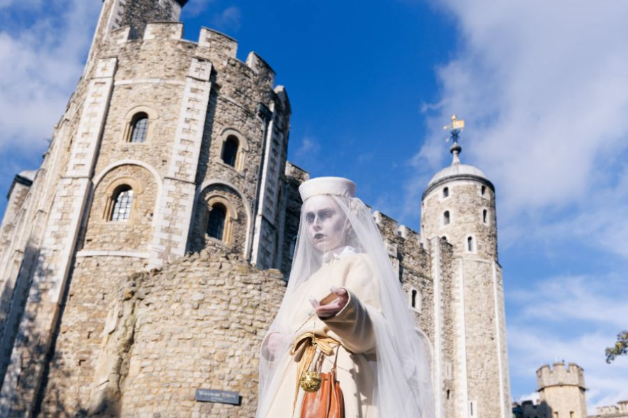 This is an image of a dressed-up ghost in front of the Tower of London.