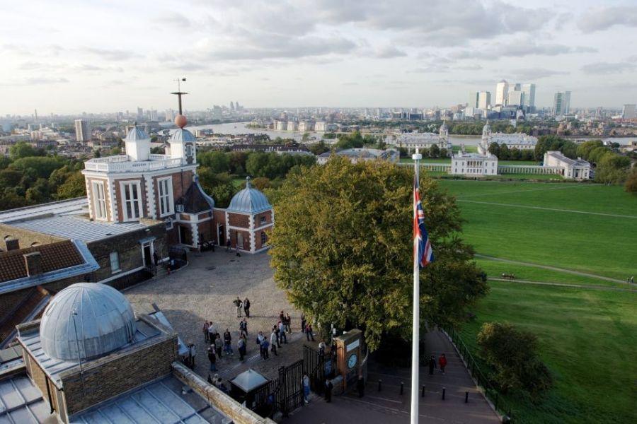 The view of Canary Wharf and the Royal Naval College from the Royal Observatory in Greenwich