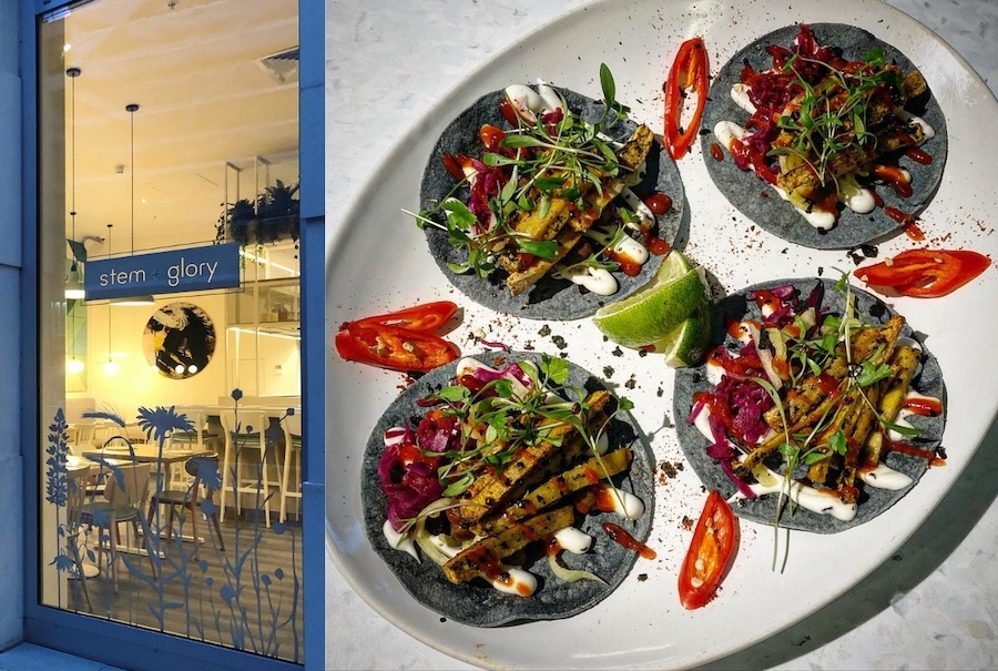 A picture of Stem and Glory's exterior, a vegan restaurant to try in London, along with some of their famous Korean ‘fish’ tacos served with wasabi mayo.
