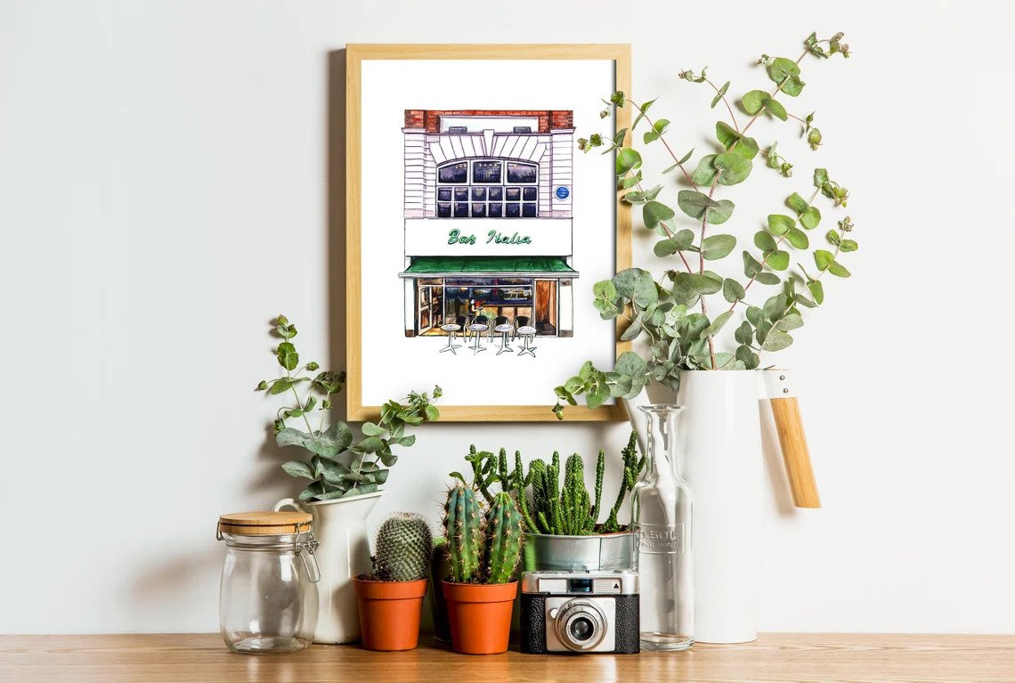 Print of the Bar Italia, which is a beloved local coffee spot. Such prints are fun gift ideas for London lovers