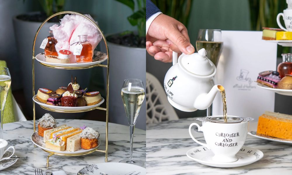 This is an image of a lovely, artistic three-tired cake stand with afternoon tea treats. To the right is a man pouring tea from a tea pot into a tea cup.