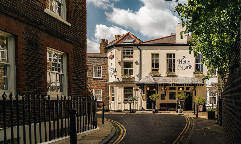 This is an image of an old pub down the road with a home-y exterior and plants hanging on the front doorstep.