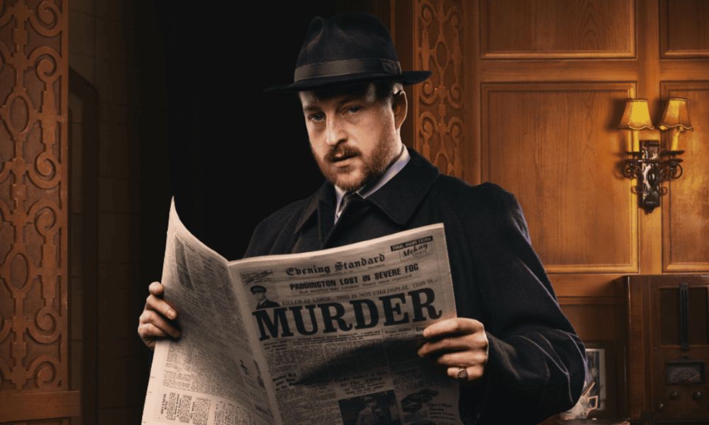 Best West End shows in London: This is an image of a man reading a newspaper with the words 'MURDER' on it.