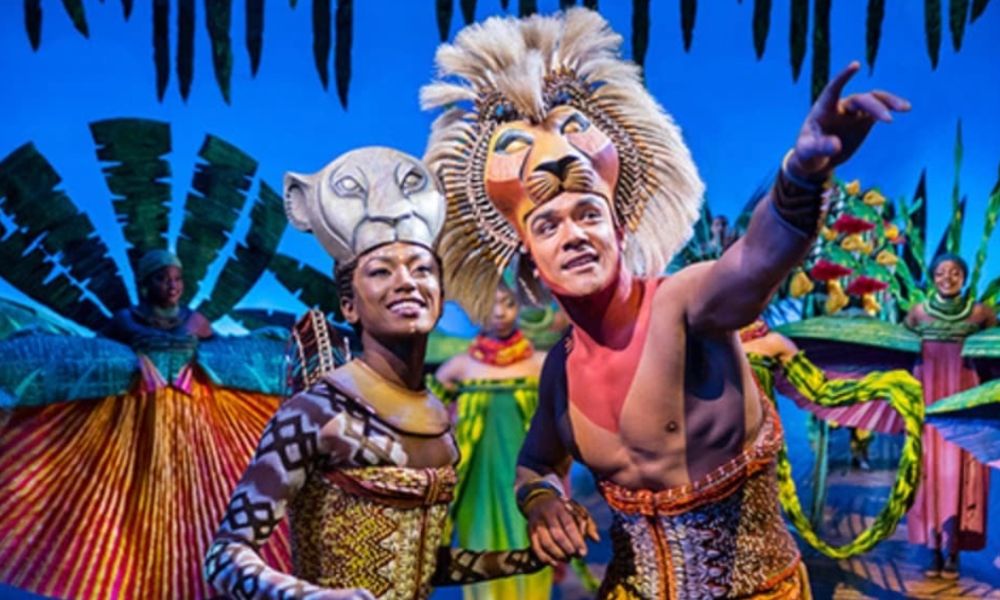 This is an image of two people dressed as Lion's leaning into each other on stage with the man pointing to something in the distance.