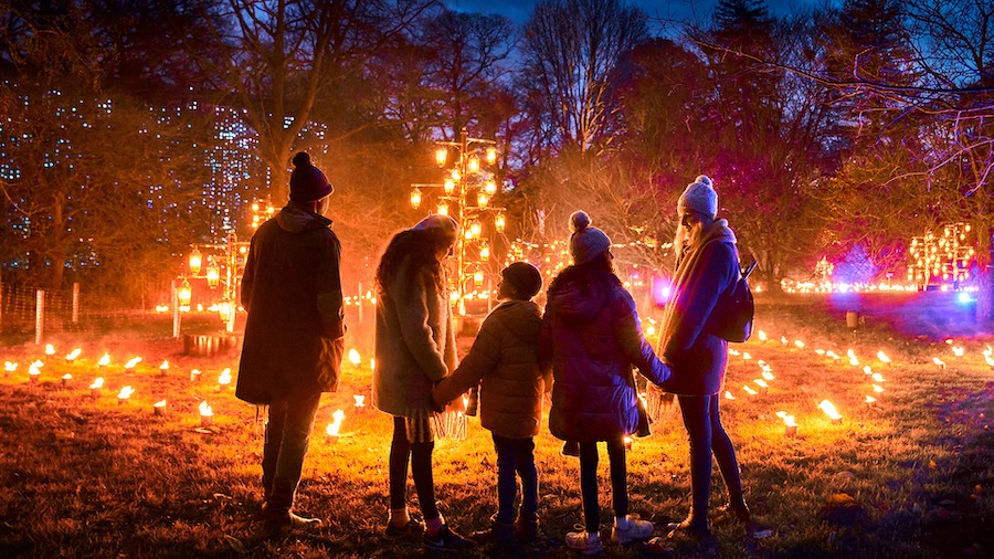 Family enjoying their time watching the Christmas Lighting at the Kew Gardens