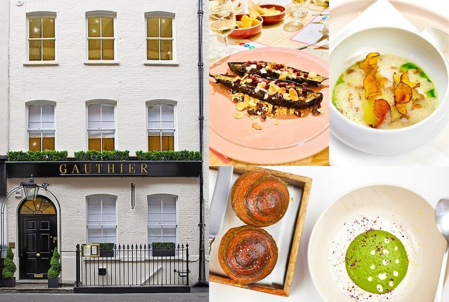 Picture of the exterior of Michelin-star vegan restaurant, Gauthier, and some famous dishes like "A Rich Depth of Winter Roots" and "Green, Sharp, Soft - Lettuce, Watercress, Brioche Crunch, Herbs".