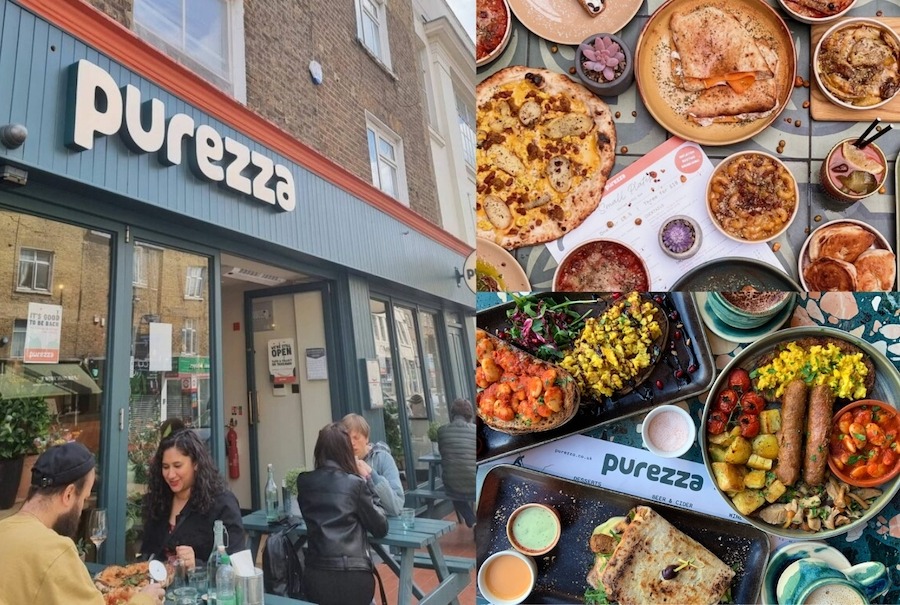 Picture of Purezza's Camden venue, a vegan pizzeria in London, and some of their delicious food, like pizza, toasts and vegan English Breakfast.