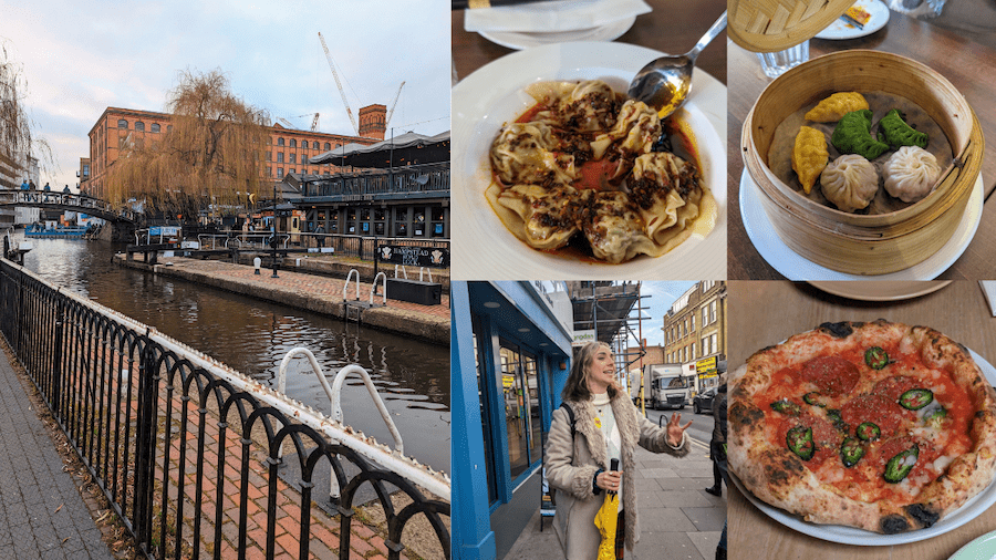 Collage featuring Camden, the lovely guide Ellie, some delicious vegan dumplings and vegan pizza.