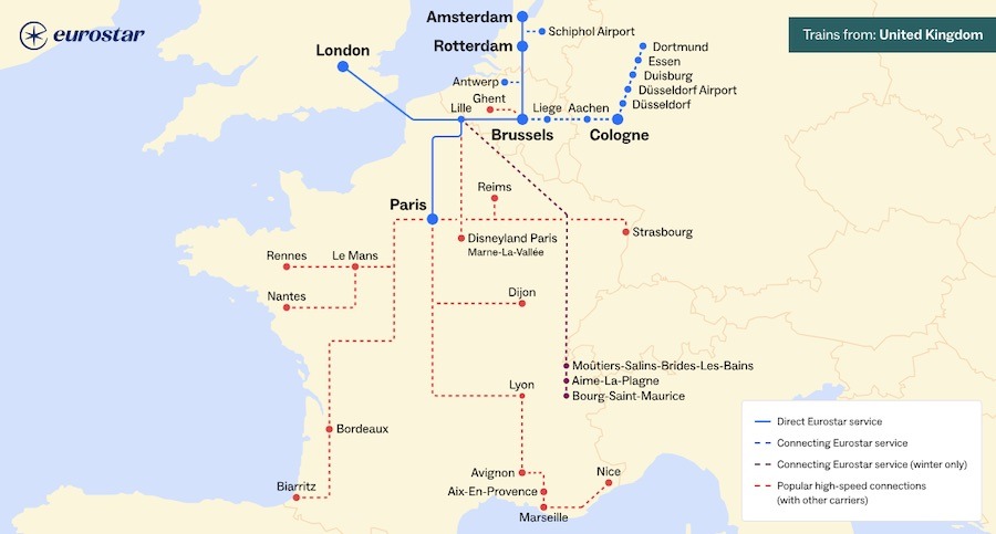 The picture shows the train map with the Eurostar destinations and the available connections from there.