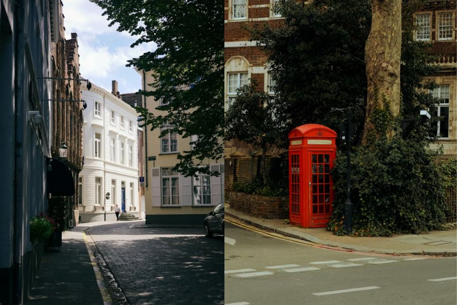 This is is an image of a quiet, sunny street in Marylebone. To the right is also a picture of a street corner with a London red telephoen box.