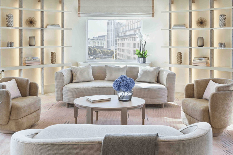 Well-lit reception room in the superior suite overlooking central London, from One Aldwych, which is one of the best eco-friendly hotels in London