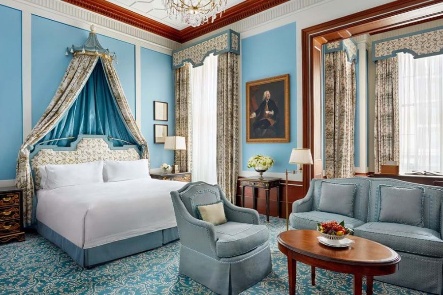 Presidential suits at the Lanesborough, London, painted delicately in shades of blues and whites. This hotel promotes sustainability, and is one of the best eco-friendly hotels in London