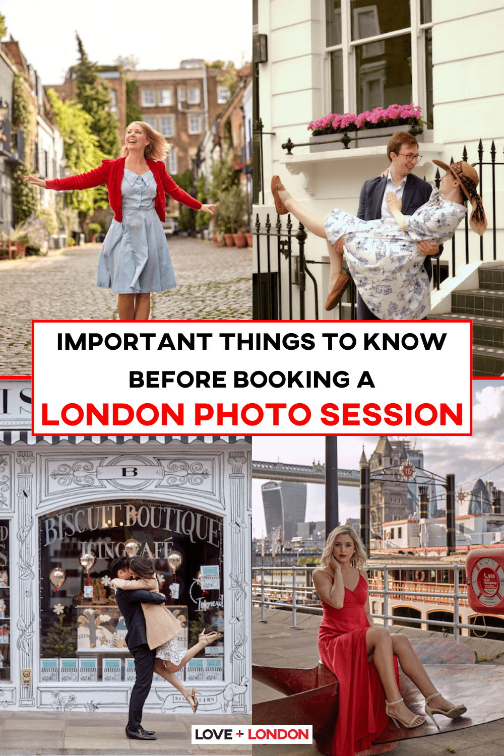 This is a pin of four images of london photo sessions of happy couples and elegant people around different tourist spots in london.