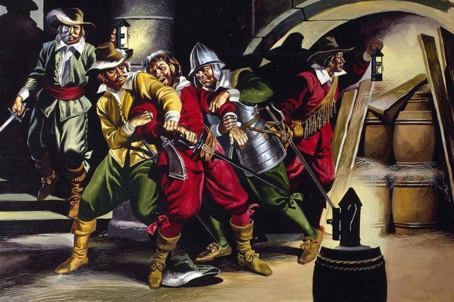 Artwork showing the scenes of the Gunpowder Plot; explore this historical event on foot as it is one of he best ways to celebrate Guy Fawkes night