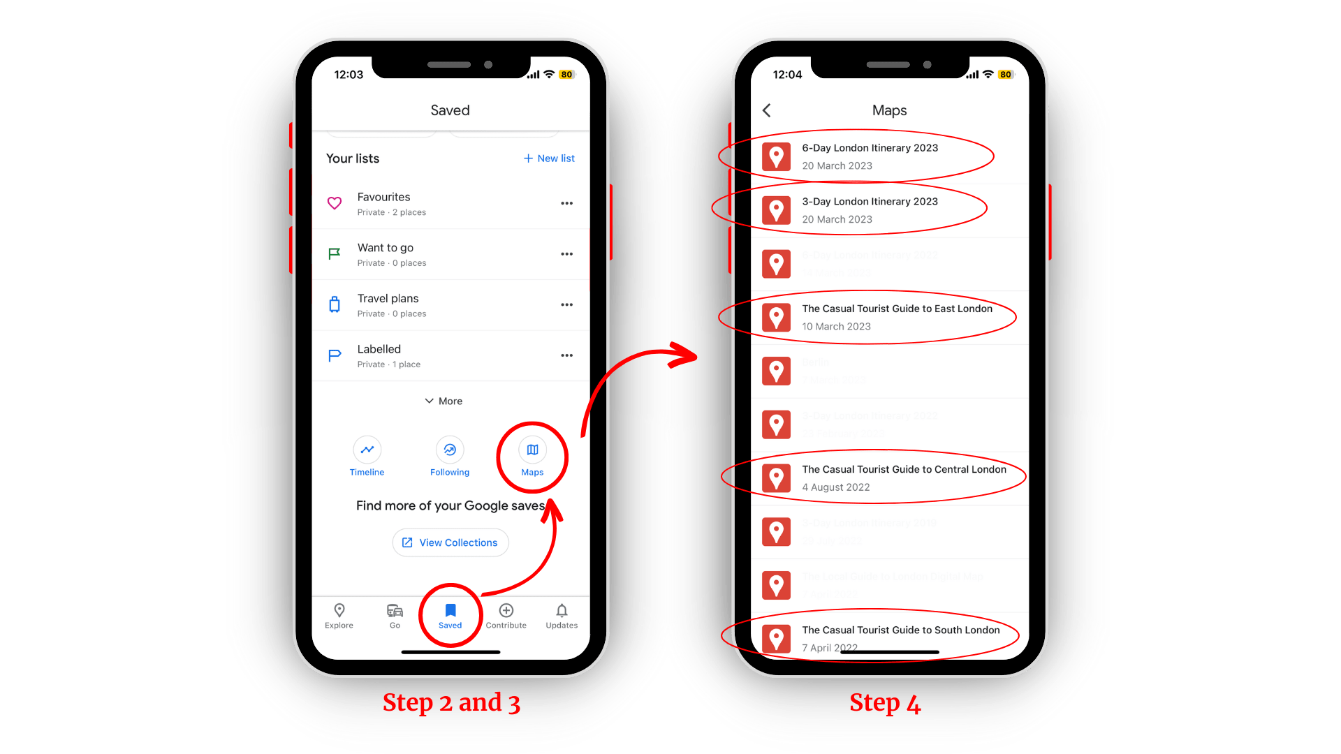 Two phones are pictured side by side to exemplify steps 2, 3 and 4, as listed above, to access the digital map.