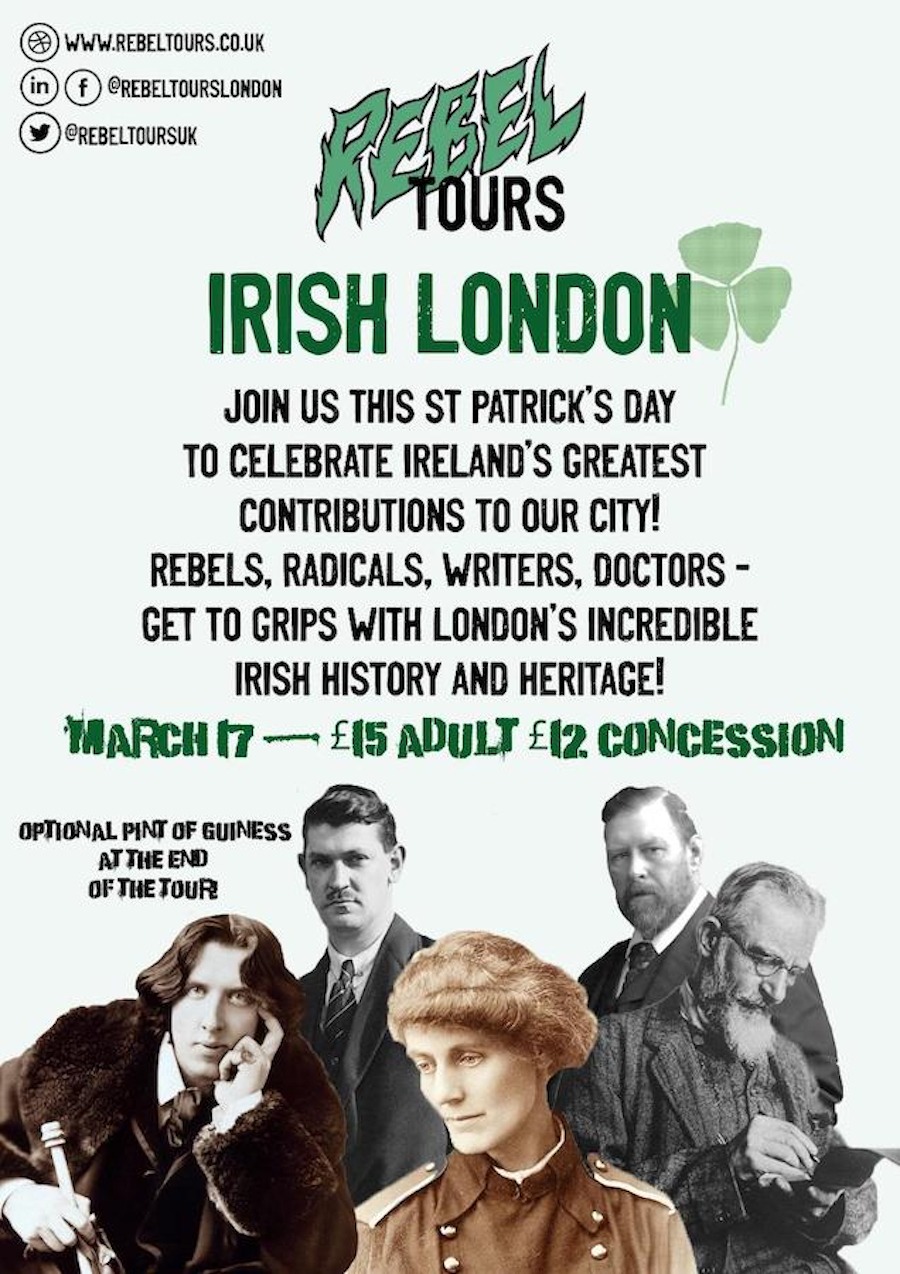 This is a poster image advertising the St Patrick's Day Walking Tour in London. There is text describing the event in the middle of the poster and images of notable Irish people at the bottom of the poster.