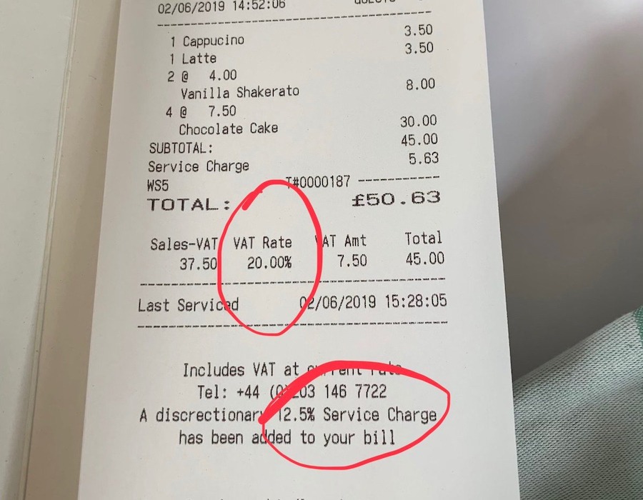 This is an image of a bill with the VAT Rate and Service Charge highlighted in red. 