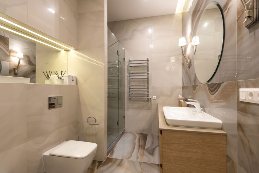 A minimalist modern bathroom at a hotel