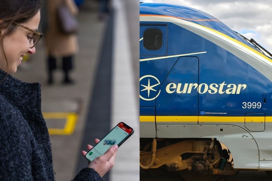 A woman with glasses smiles while looking at her smartphone on a train platform, alongside a close-up of the nose of a blue and yellow Eurostar train displaying the number 3999.
