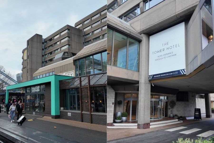 This is an image of the front of the Tower Bridge hotel, with brutalist architecture.