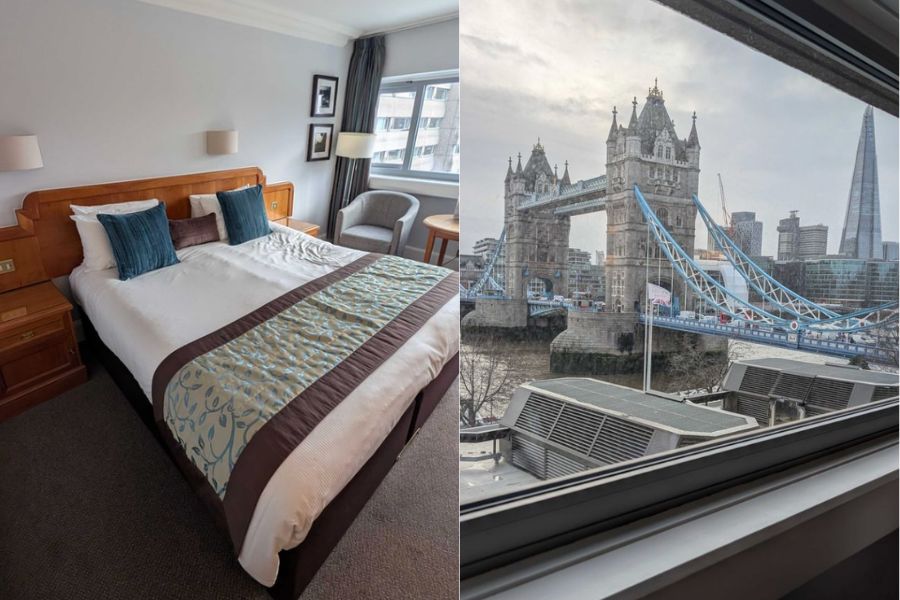 This is an image of a hotel bed and pretty simple hotel room. To the right is an image of Tower Bridge through the window of a hotel room.