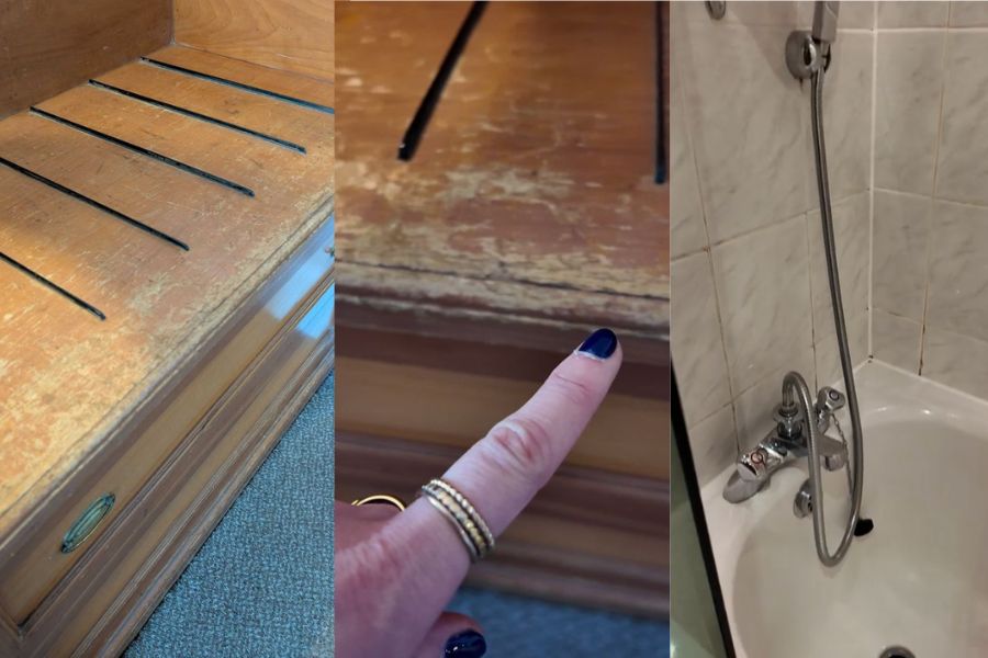 This is an image of a worn out wooden air vent and a dirty bath with mould around it.