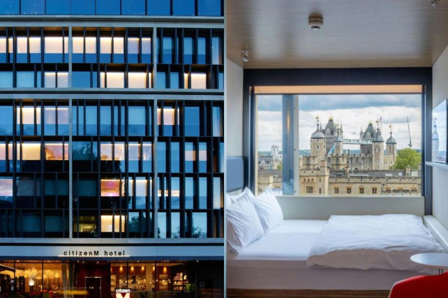 This is an image of a nice hotel with glass exteriors. To the right is a simple hotel room, double bed with white sheets and a view of the Tower of London.