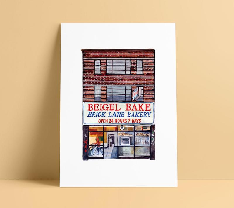Print of the Beigel Bake Brick Lane bakery, which is a beloved local spot. Such prints are fun gift ideas for London lovers
