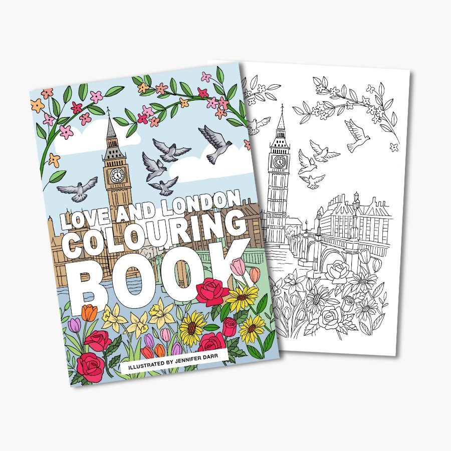 The Big Ben page on the Love and London colouring book, before and after colouring