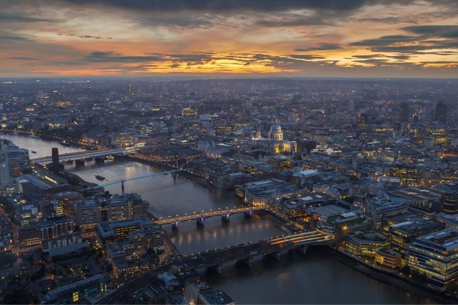 Birds eye view of Central London in the evening. Calling this area Downtown London is one of the sever mistakes americans make when visiting london