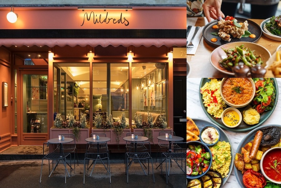 Picture of Mildred's pink exterior location and their delicious food, like vegan English Breakfast, shiitake tempeh noodles, etc