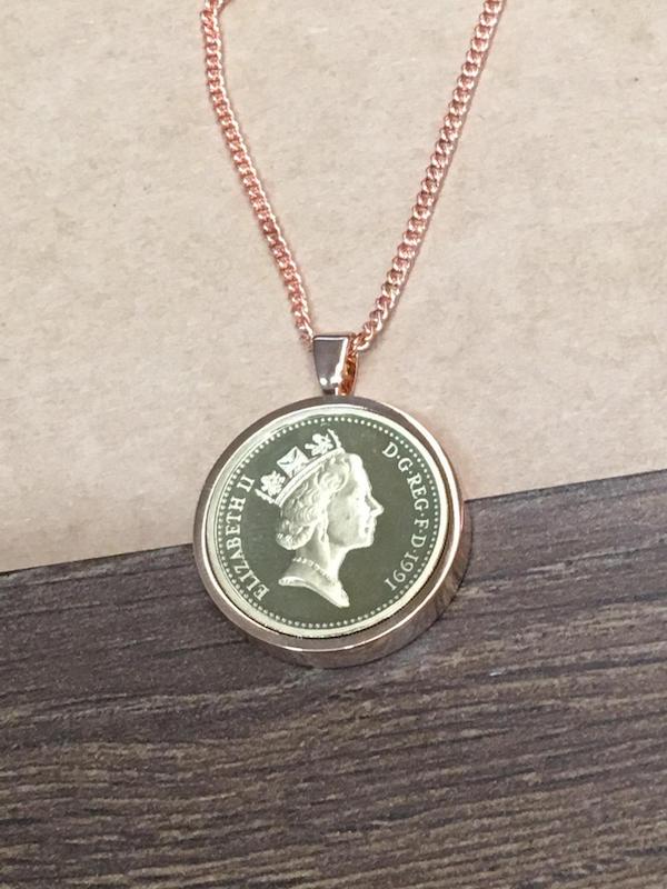 One pound coin pendant - choose your year 1984-2008 - rose gold plated