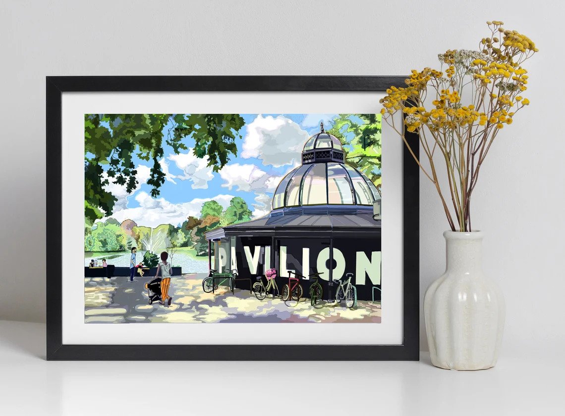 Print of the Pavilion Cafe and Bakery, which is a beloved local coffee spot. Such prints are fun gift ideas for London lovers