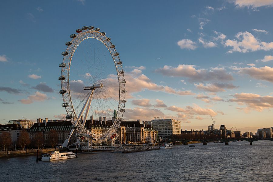 London Eye overlooking the Thames in the evening.