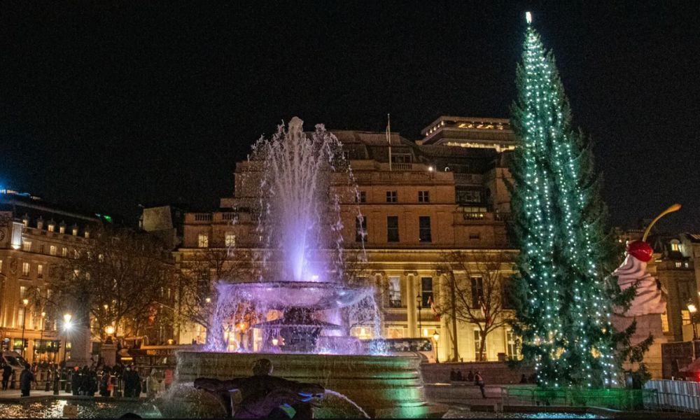 This is an image of Trafalgar Square's fountain and Norweigan Christmas tree in the centre lit-up.