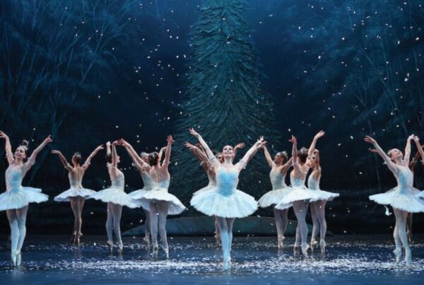 This is an image of a dozen ballerinas on stage performing The Nutcracker in typical ballet leotards and tutus. Fake snow is falling from the sky.