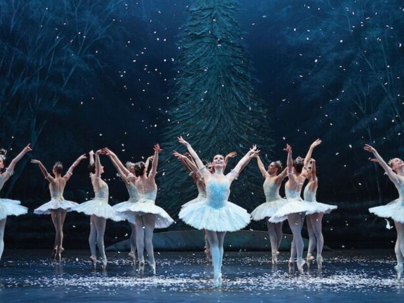 This is an image of a dozen ballerinas on stage performing The Nutcracker in typical ballet leotards and tutus. Fake snow is falling from the sky.