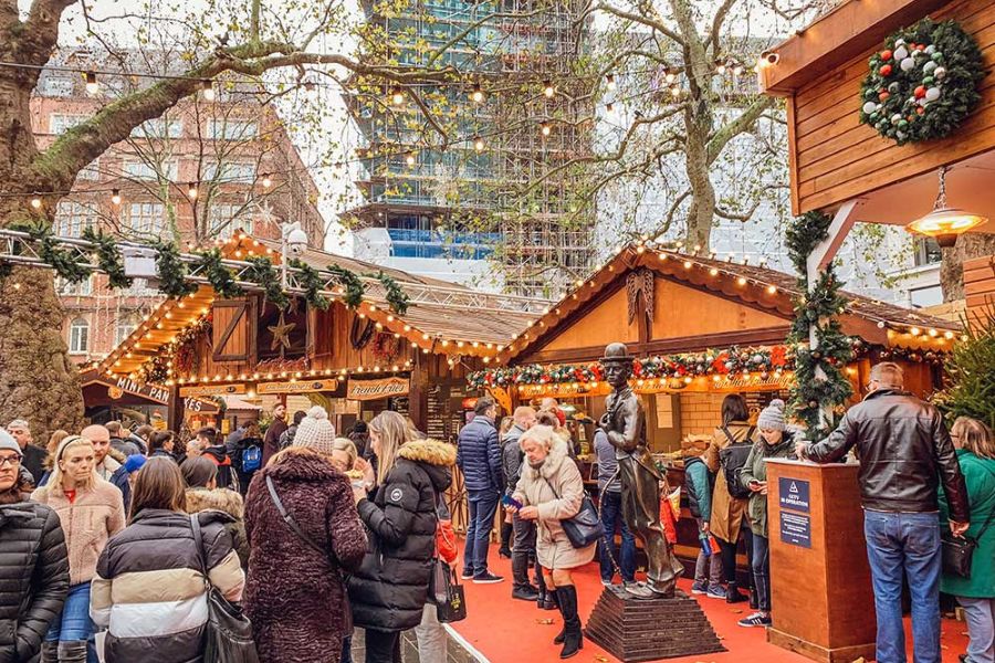 People visiting the Leicester Square Christmas Market during this day; this is one of the best things to do in london during the christmas season