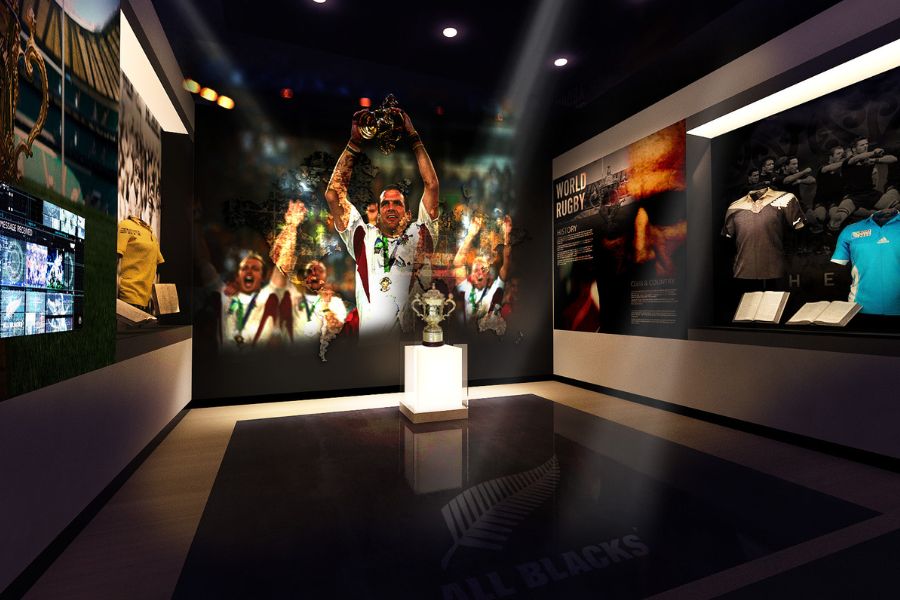 Match highlights on the screens at the World Rugby Museum in Twickenham