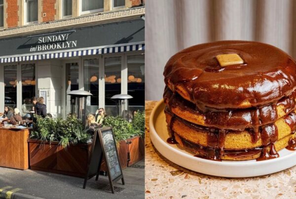 This is an image of a stack of pancakes with hazelnut praline sauce and burnt brown butter lathered on the top.
